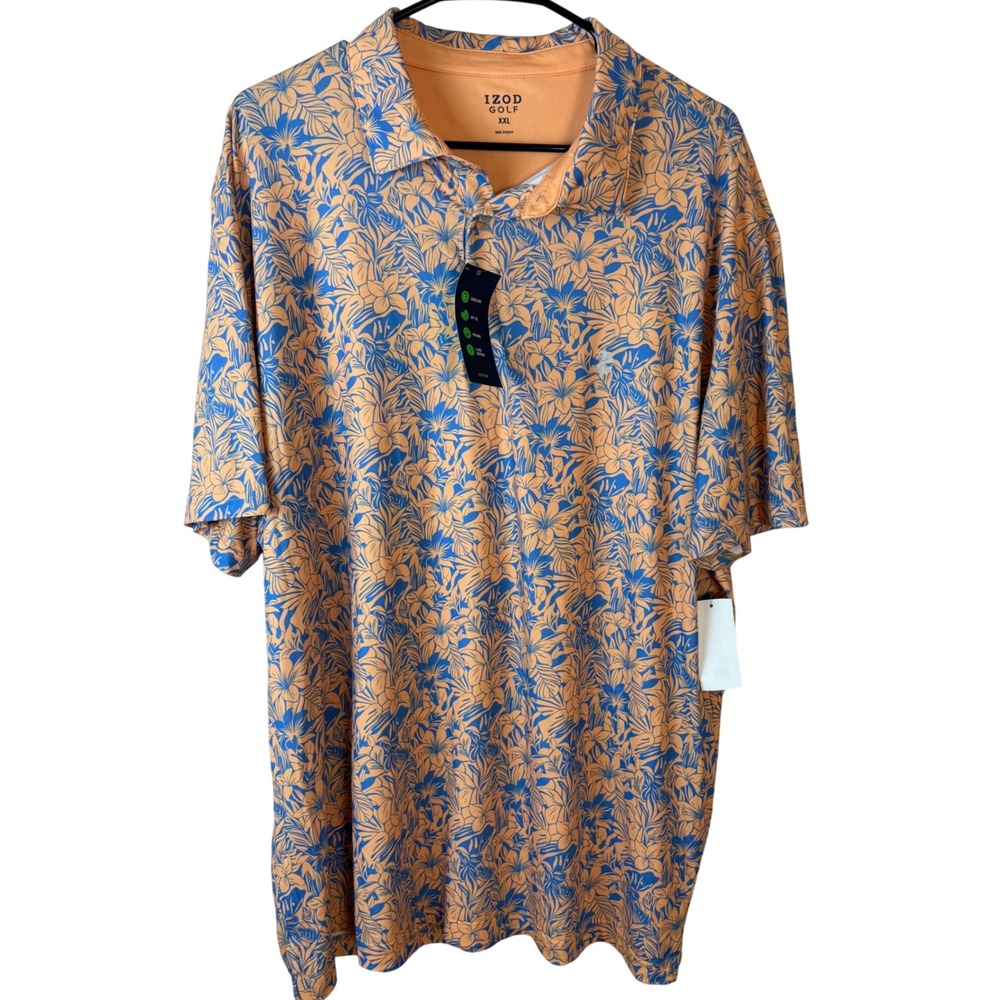 IZOD GOLF Men's XXL Cantaloupe Floral Print Polo Shirt‎ Swingflex Elite NEW